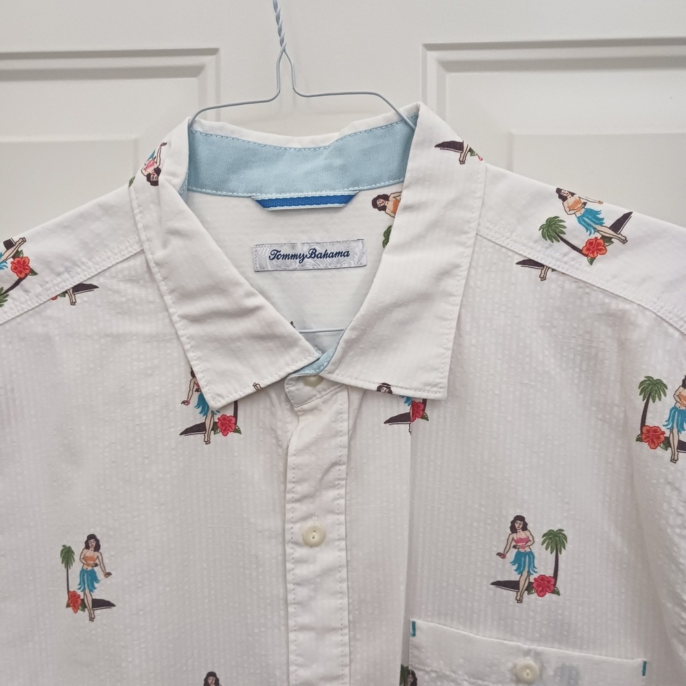 Tommy Bahama Mens XL White Hula Girl Palm Tree Cotton Tencel Button Down Shirt